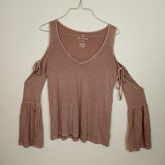American Eagle Outfitters Tops - AEO Cold Shoulder Blouse Top Bow Accents Wide Bell Sleeves American Eagle XS